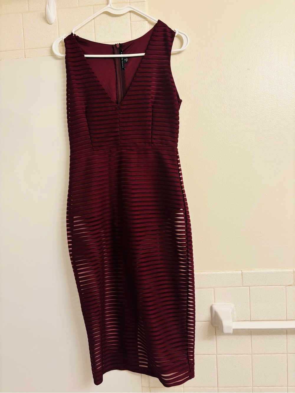 Haute Monde Burgundy Sleeveless Sheer-Striped Midi Dress